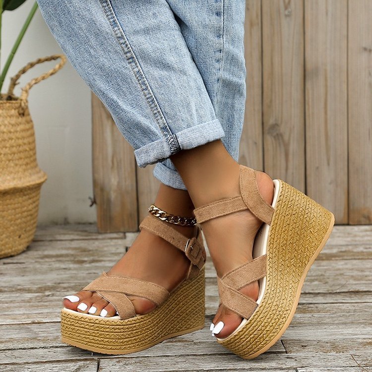 Keilabsatzsandalen für Damen Sommer Casual Rutschfeste Plateau-Schuhe mit Kreuzriemen und Hanfabsätzen