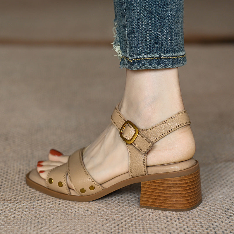 Französische Sandalen mit mittlerem Absatz und offener Spitze für Damen Sommer