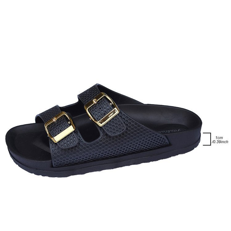 Sommermode-Sandalen mit flachem Absatz und Gürtelschnalle für Damen