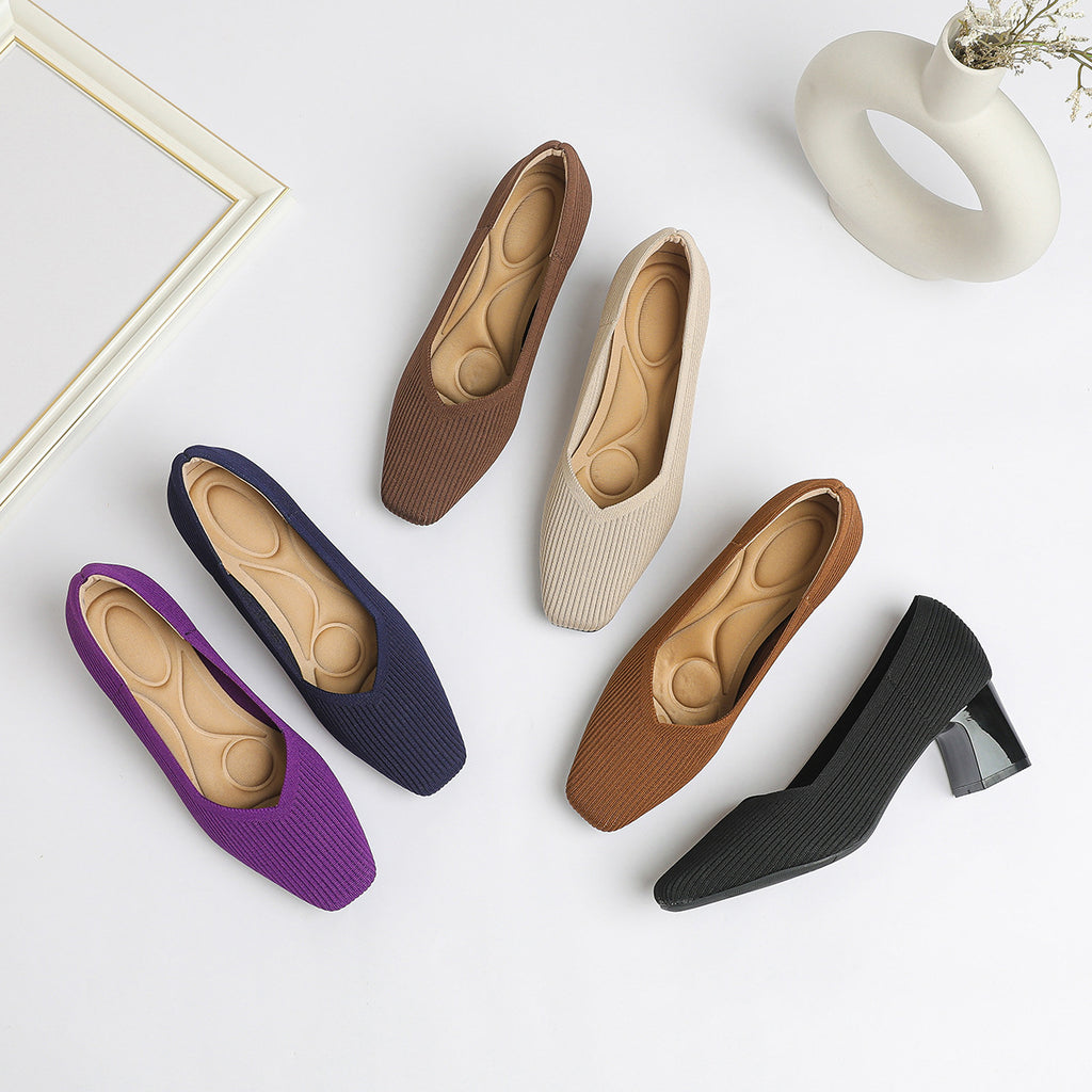 Damen-Strickschuhe mit dickem Absatz, bequem und atmungsaktiv, vielseitig einsetzbar für den Weg zur Arbeit