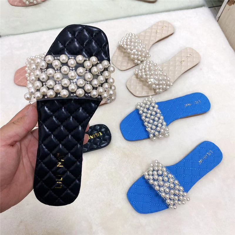 Neue Sommer-Flatsandalen Pearl Diamond Slipper für Damen