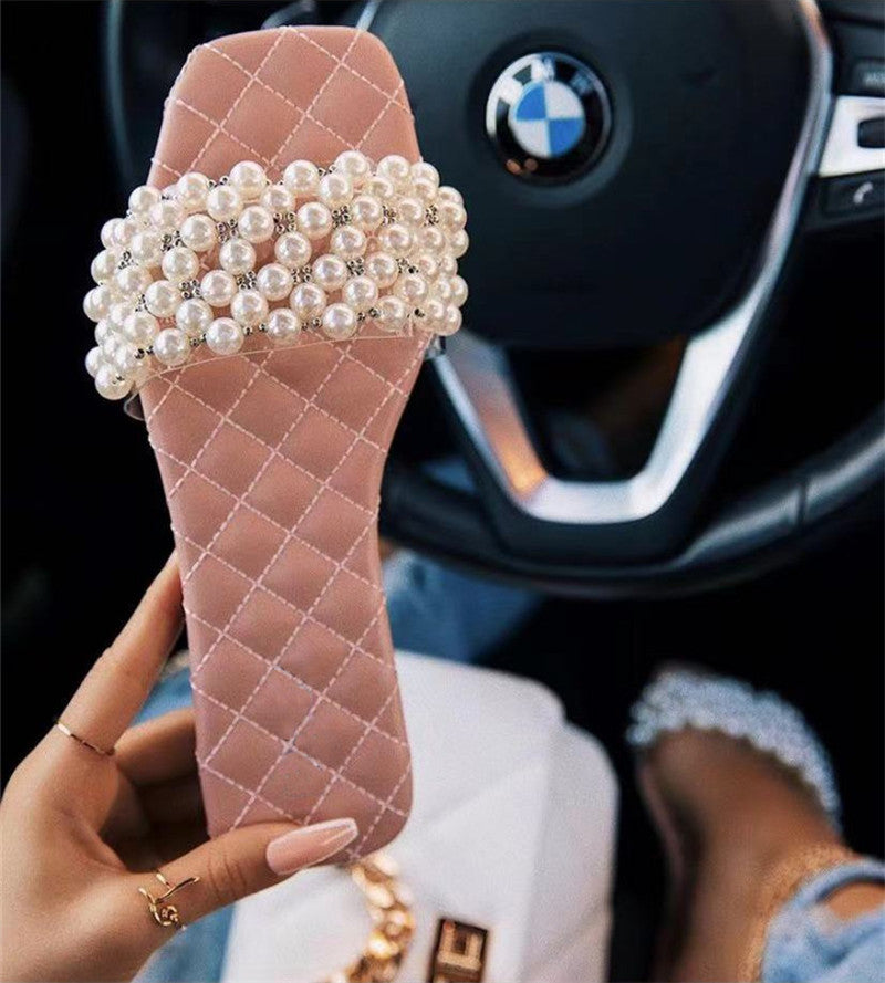 Neue Sommer-Flatsandalen Pearl Diamond Slipper für Damen