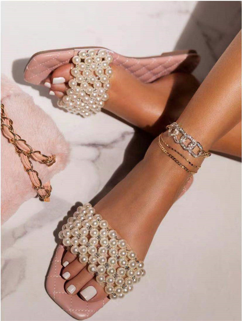 Neue Sommer-Flatsandalen Pearl Diamond Slipper für Damen