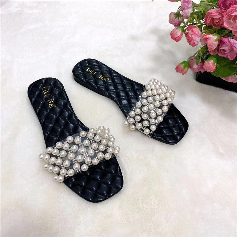 Neue Sommer-Flatsandalen Pearl Diamond Slipper für Damen