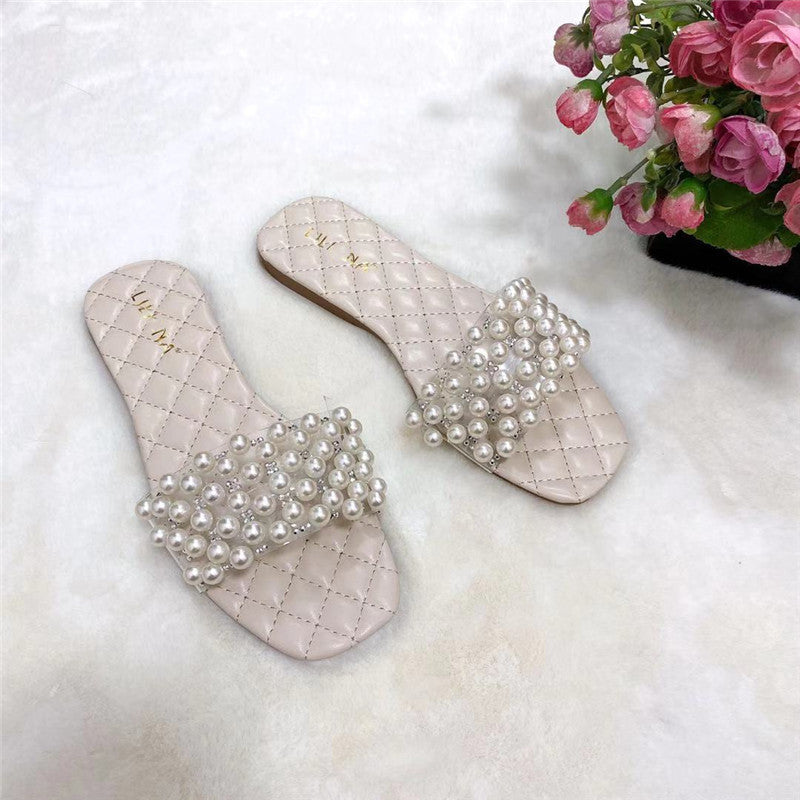 Neue Sommer-Flatsandalen Pearl Diamond Slipper für Damen