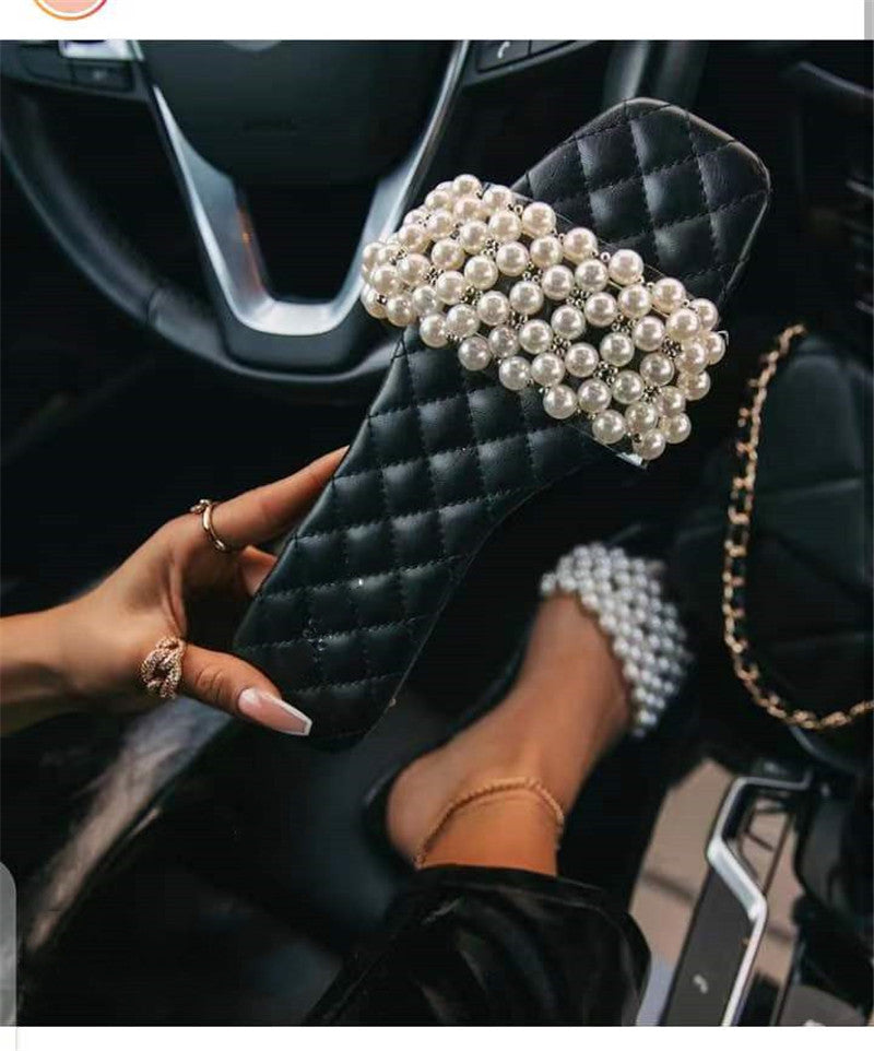 Neue Sommer-Flatsandalen Pearl Diamond Slipper für Damen