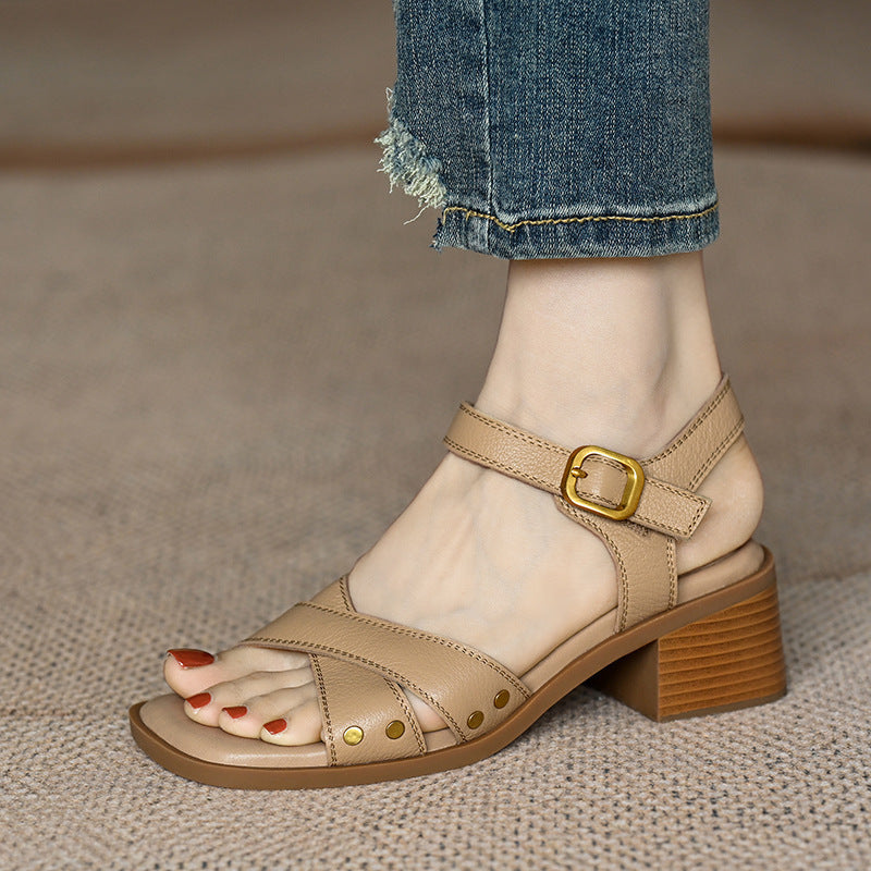 Französische Sandalen mit mittlerem Absatz und offener Spitze für Damen Sommer