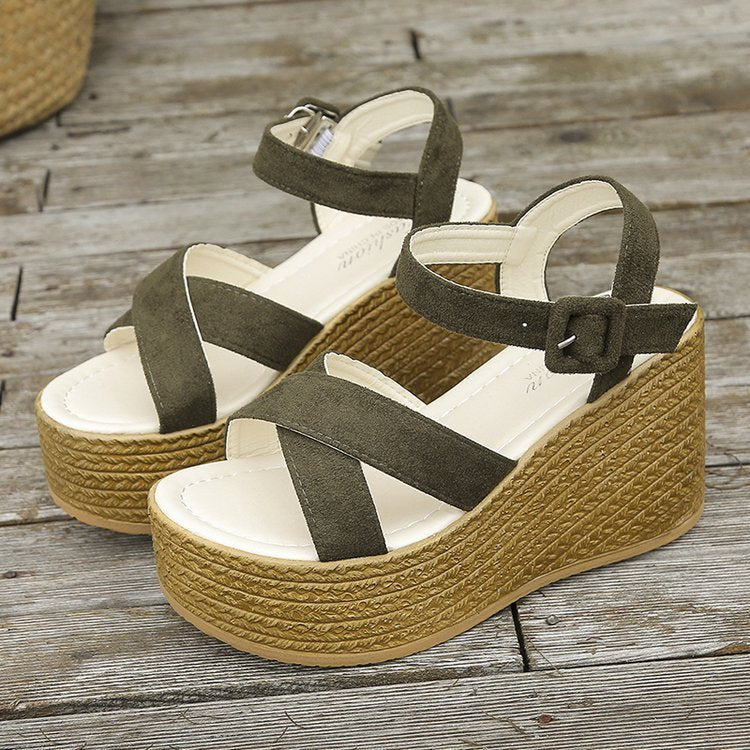 Keilabsatzsandalen für Damen Sommer Casual Rutschfeste Plateau-Schuhe mit Kreuzriemen und Hanfabsätzen
