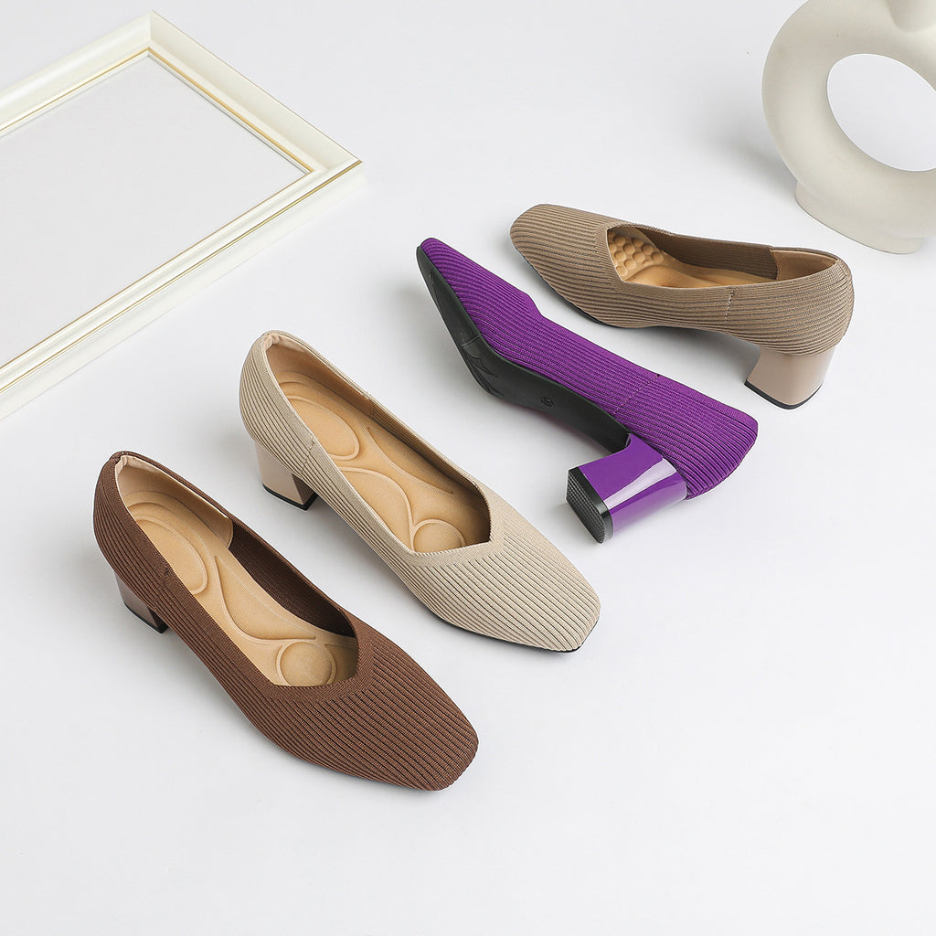 Damen-Strickschuhe mit dickem Absatz, bequem und atmungsaktiv, vielseitig einsetzbar für den Weg zur Arbeit