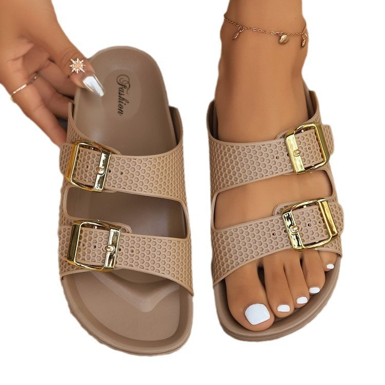 Sommermode-Sandalen mit flachem Absatz und Gürtelschnalle für Damen