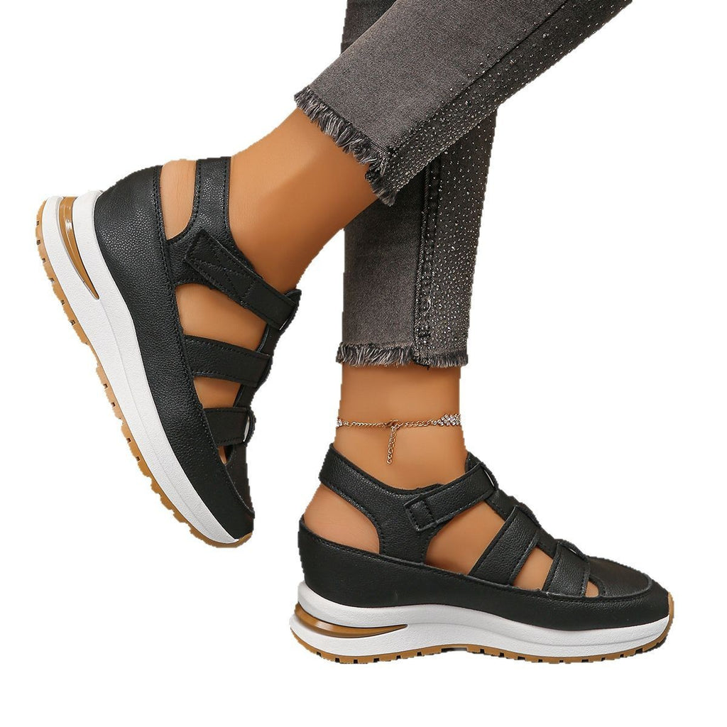 Keilabsatz-Sandalen mit geschlossener Zehenpartie, hohl, atmungsaktiv, dicke Sohle, Klettverschluss, für Damen