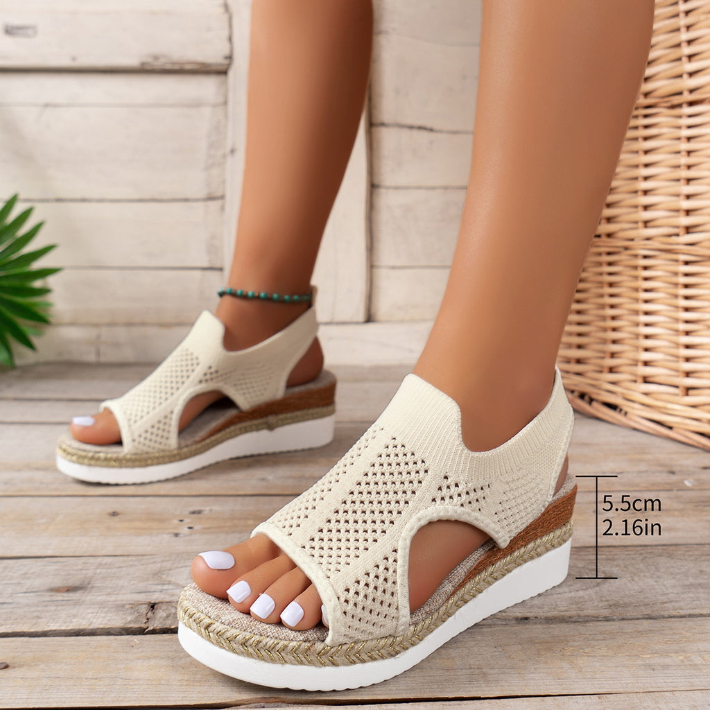 Neue hohle Keilabsatzsandalen Sommer Fly Gewebte atmungsaktive Mesh-Schuhe für Damen Peep-Toe-Sandalen