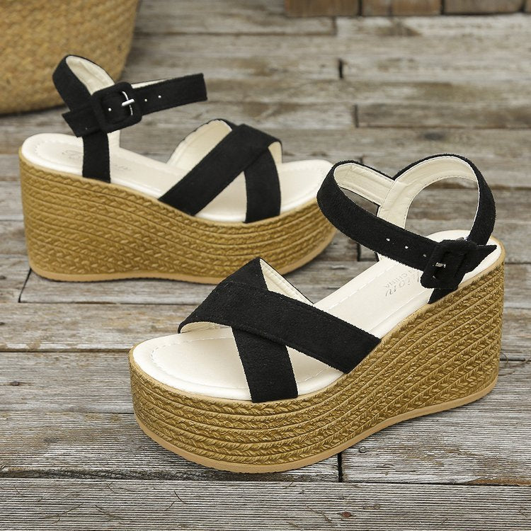 Keilabsatzsandalen für Damen Sommer Casual Rutschfeste Plateau-Schuhe mit Kreuzriemen und Hanfabsätzen
