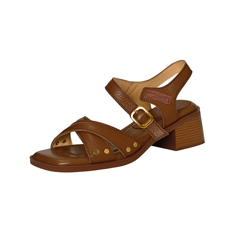 Französische Sandalen mit mittlerem Absatz und offener Spitze für Damen Sommer