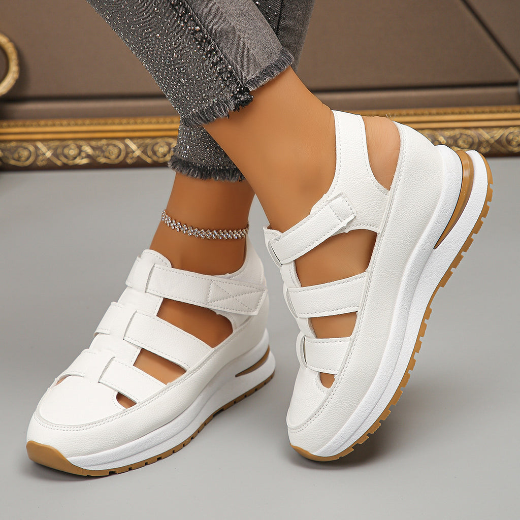 Keilabsatz-Sandalen mit geschlossener Zehenpartie, hohl, atmungsaktiv, dicke Sohle, Klettverschluss, für Damen