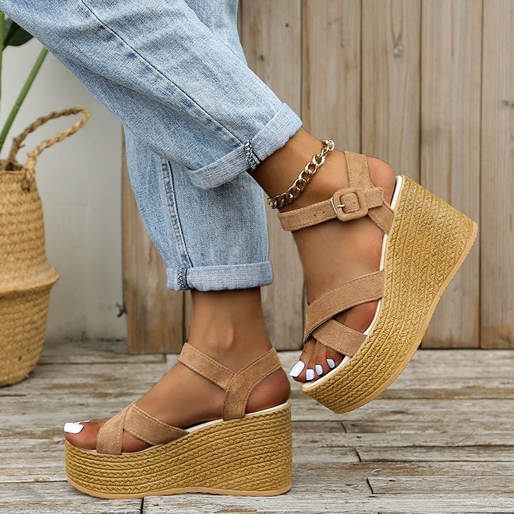 Keilabsatzsandalen für Damen Sommer Casual Rutschfeste Plateau-Schuhe mit Kreuzriemen und Hanfabsätzen