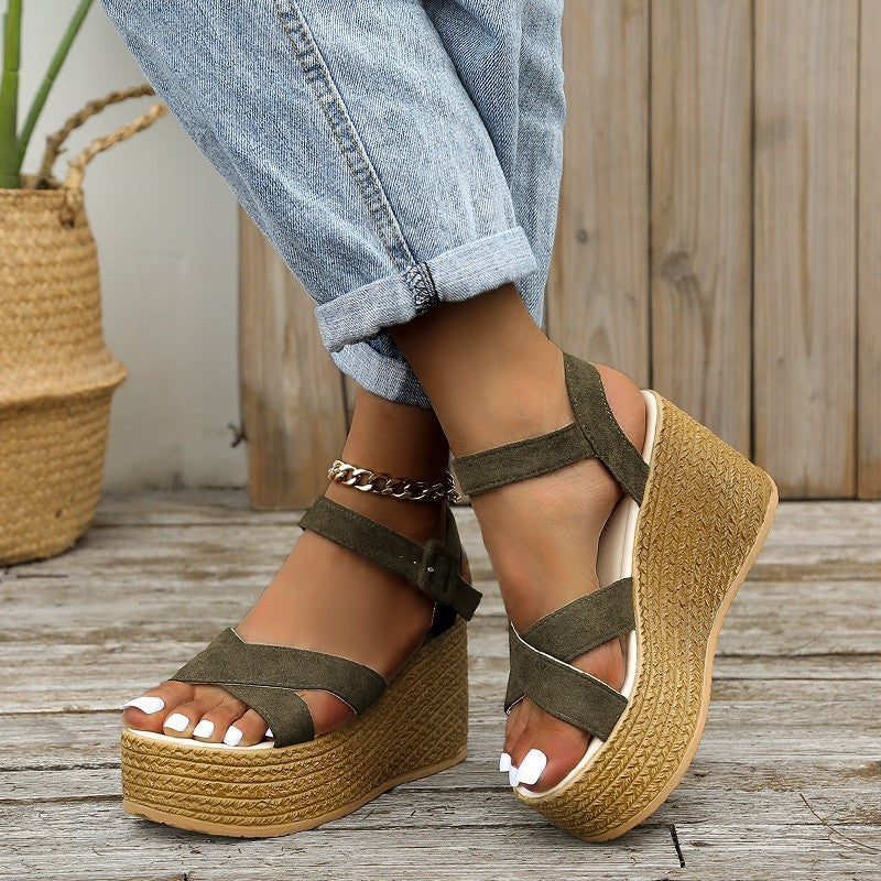 Keilabsatzsandalen für Damen Sommer Casual Rutschfeste Plateau-Schuhe mit Kreuzriemen und Hanfabsätzen