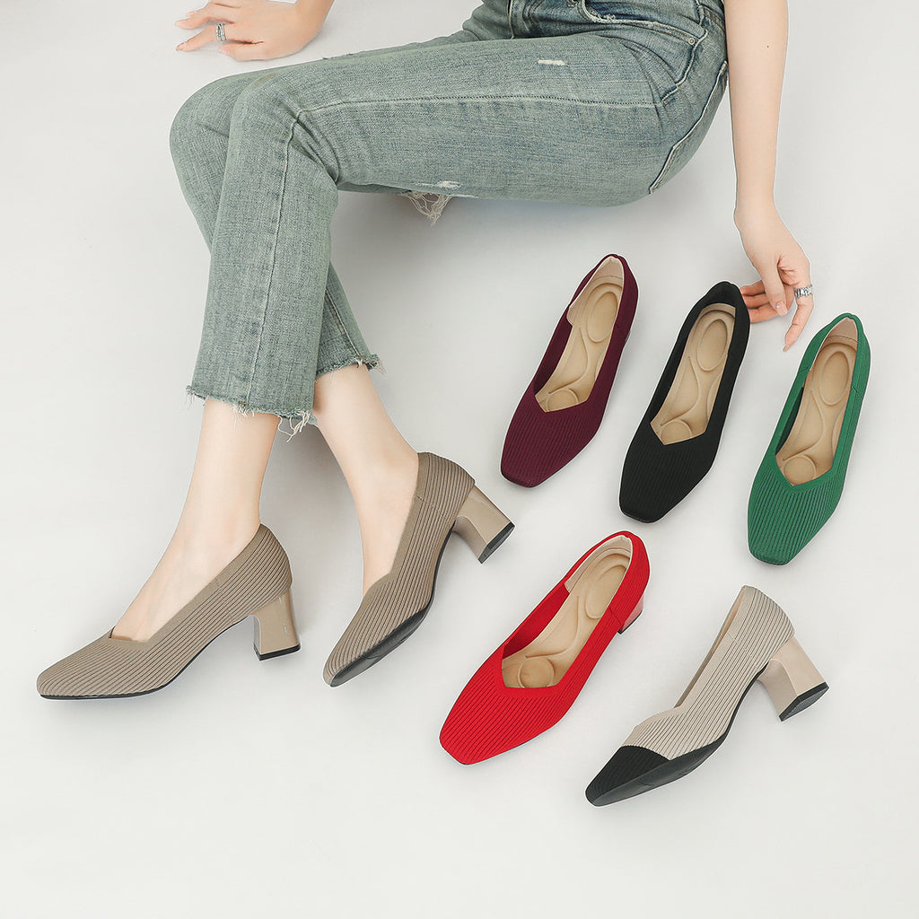 Damen-Strickschuhe mit dickem Absatz, bequem und atmungsaktiv, vielseitig einsetzbar für den Weg zur Arbeit