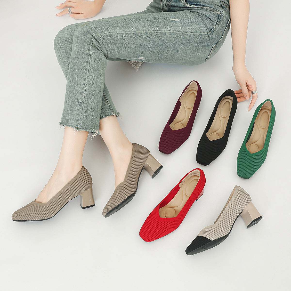 Damen-Strickschuhe mit dickem Absatz, bequem und atmungsaktiv, vielseitig einsetzbar für den Weg zur Arbeit