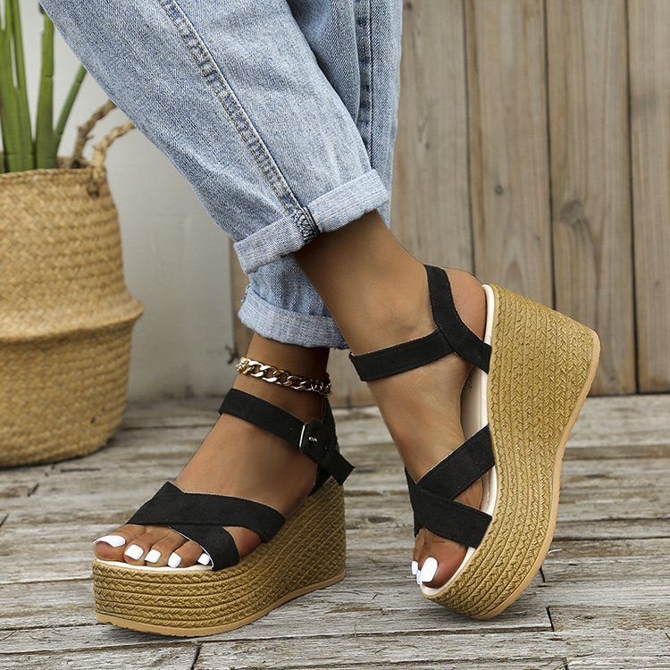 Keilabsatzsandalen für Damen Sommer Casual Rutschfeste Plateau-Schuhe mit Kreuzriemen und Hanfabsätzen